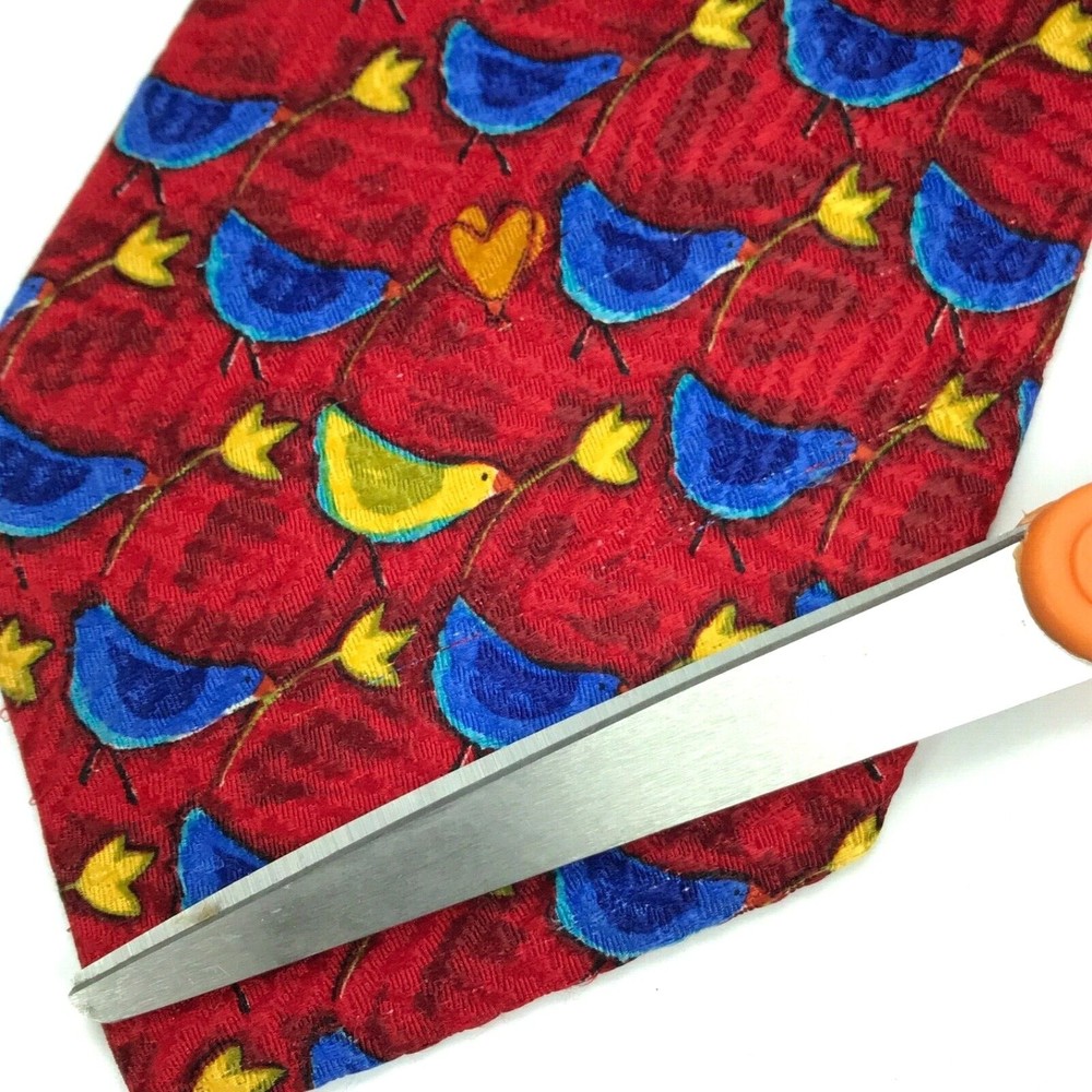Ermenegildo Zegna 100% Silk Tie Red Birds Bird Heart Leaves Animals Necktie 57" - Picture 9 of 12